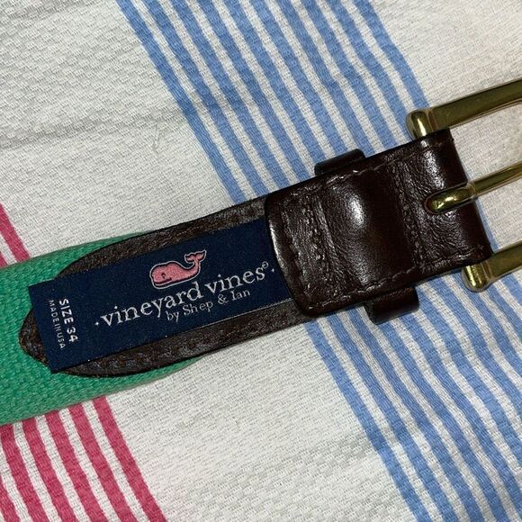 VINEYARD VINES Bonefish Fishing Casual Cloth Green Brown leather MENS BELT 34 - Picture 1 of 5